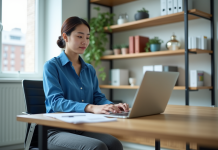 Jeune femme en bureau travaillant sur un ordinateur
