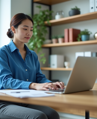 Jeune femme en bureau travaillant sur un ordinateur
