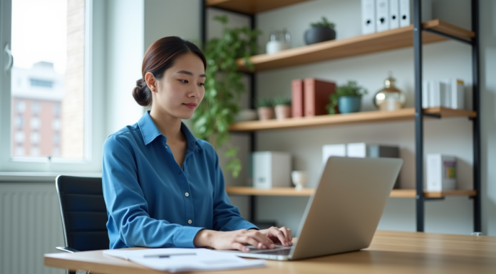 Jeune femme en bureau travaillant sur un ordinateur