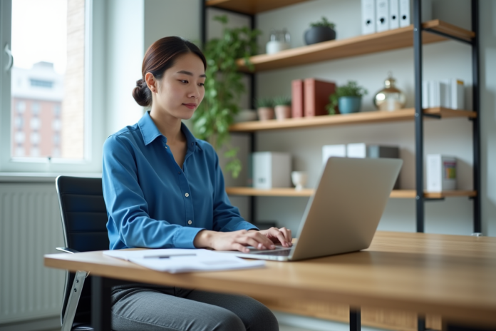 Jeune femme en bureau travaillant sur un ordinateur