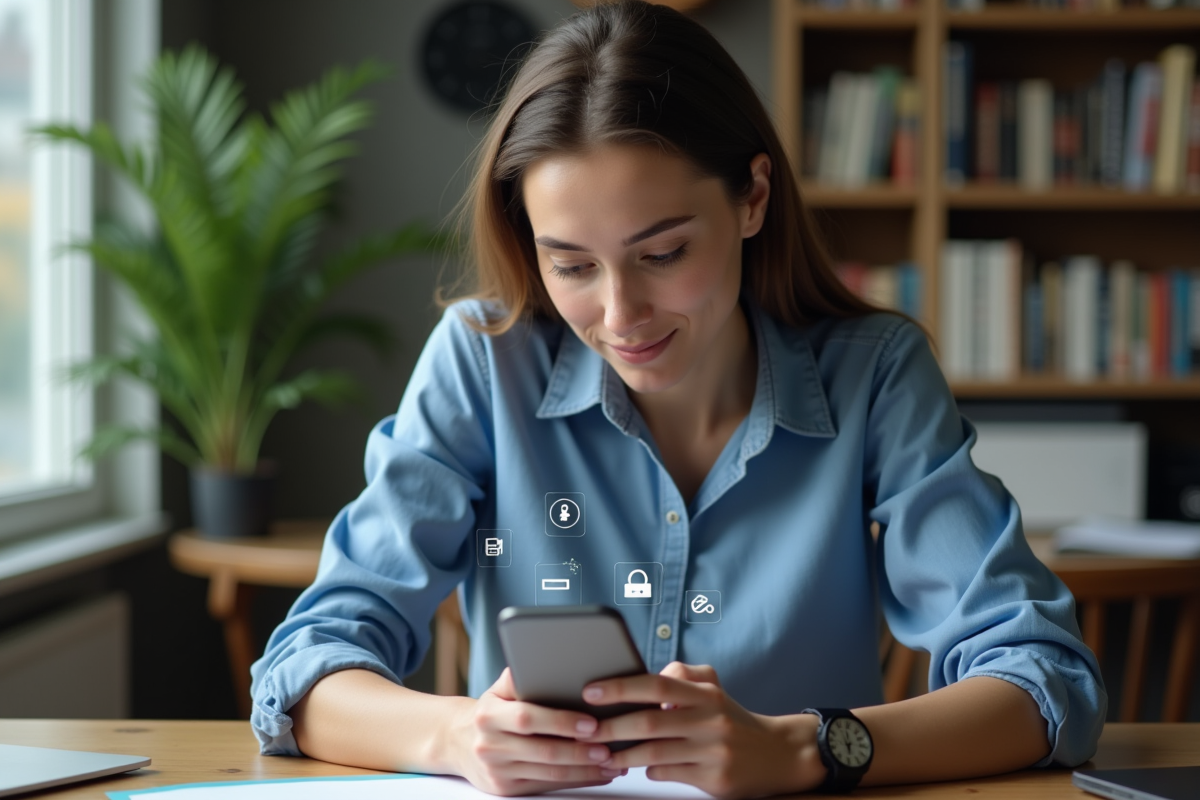 Jeune femme en bureau moderne vérifiant son smartphone