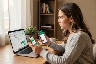 Femme connectant ChatGPT à WhatsApp sur smartphone et ordinateur dans un bureau à domicile
