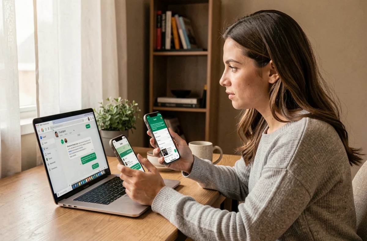 Femme connectant ChatGPT à WhatsApp sur smartphone et ordinateur dans un bureau à domicile