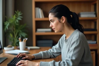 Femme concentrée devant un clavier mécanique cherchant comment taper un É majuscule accentué