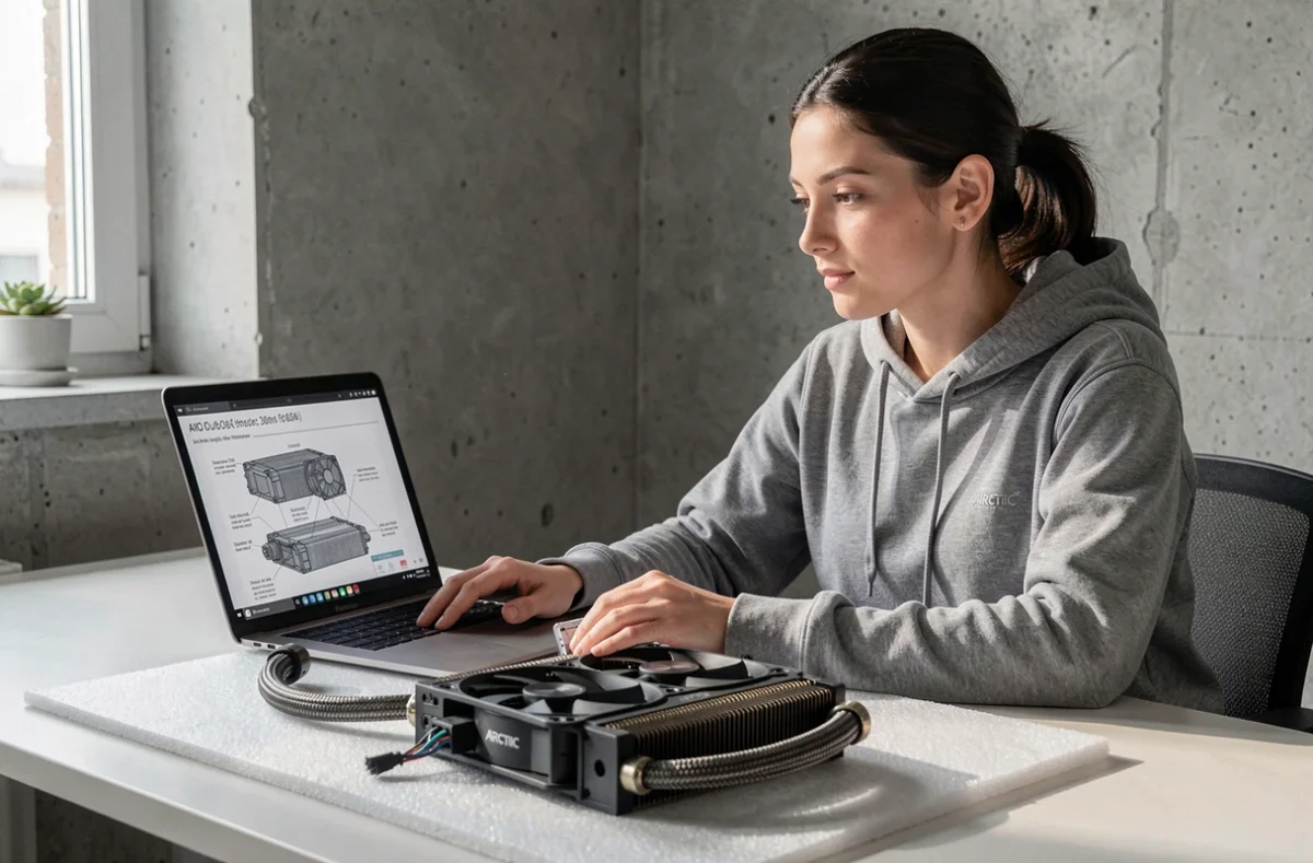 Jeune femme consultant le guide d'installation d'un refroidisseur ARCTIC 360 RGB avant le montage pour éviter les erreurs