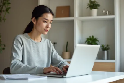 Femme tapant rapidement sur un ordinateur portable affichant un tableau de conversion Go en Mo dans un bureau moderne