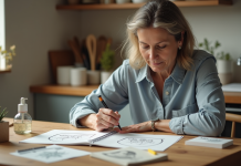 Fabriquer soi-même des tampons de toner : astuces simples et pratiques à découvrir ! Femme créant un tampon DIY dans une cuisine lumineuse