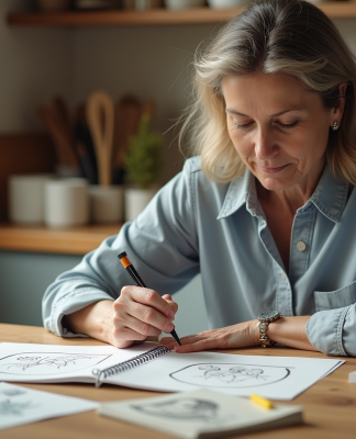 Femme créant un tampon DIY dans une cuisine lumineuse