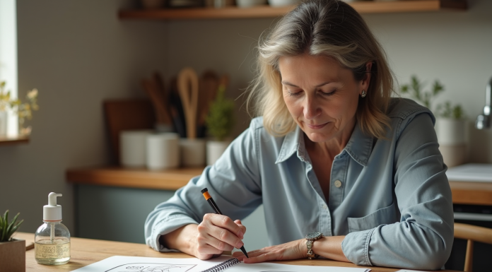 Femme créant un tampon DIY dans une cuisine lumineuse
