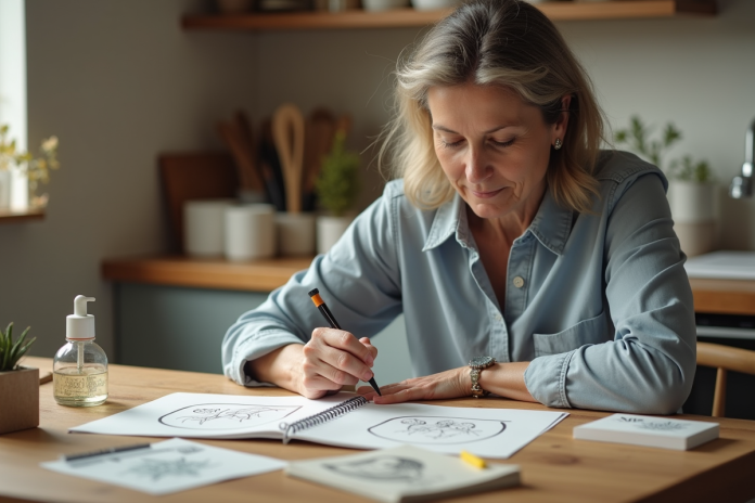 femme-craft-toner-stamp Femme créant un tampon DIY dans une cuisine lumineuse