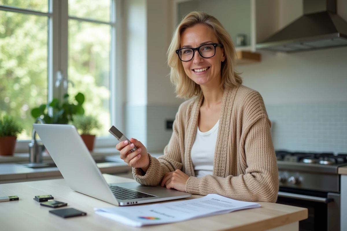 Femme souriante tenant une clé USB bootable dans une cuisine lumineuse