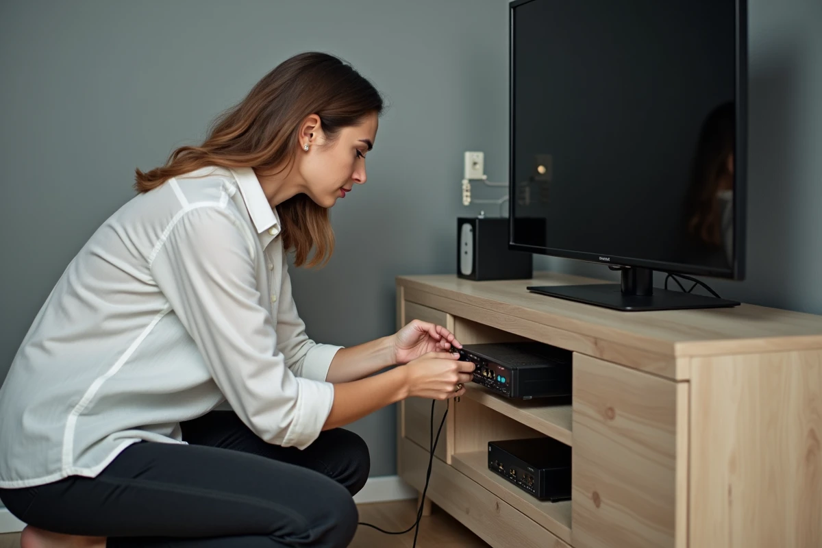 Femme inspectant les câbles du décodeur Orange pour résoudre l'erreur L11-09 sur sa TV