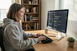 Jeune femme utilisant Discord sur un bureau en bois avec des commandes markdown visibles à l'écran