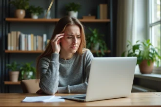 Femme frustrée devant un ordinateur portable affichant une erreur de messagerie webmail à son bureau à domicile