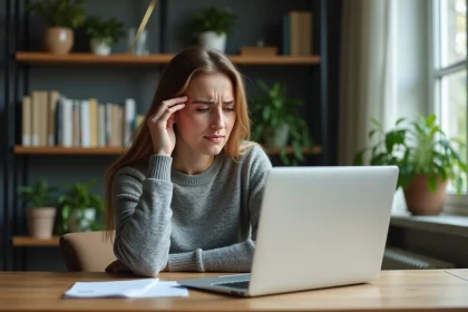 Femme frustrée devant un ordinateur portable affichant une erreur de messagerie webmail à son bureau à domicile