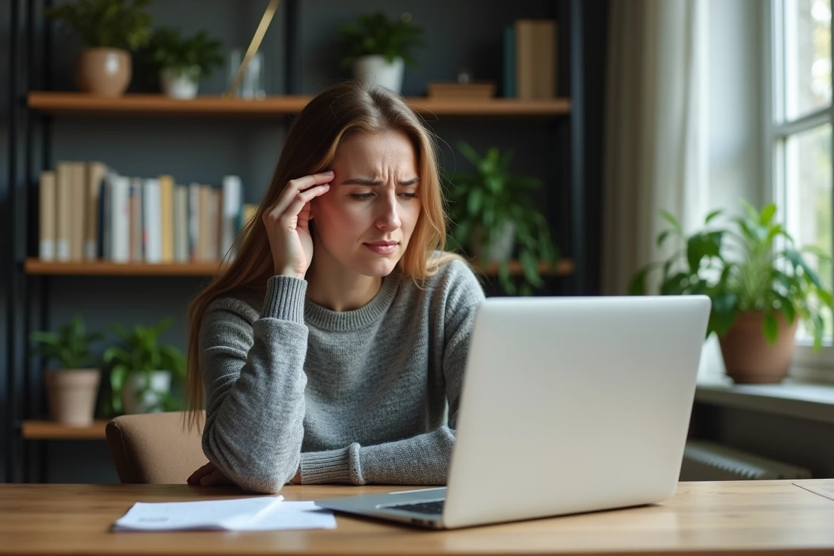 Femme frustrée devant un ordinateur portable affichant une erreur de messagerie webmail à son bureau à domicile