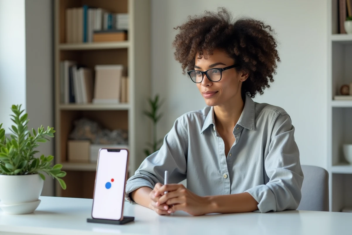 Femme utilisant l'assistant Google sur un Pixel 6 dans un bureau minimaliste à domicile