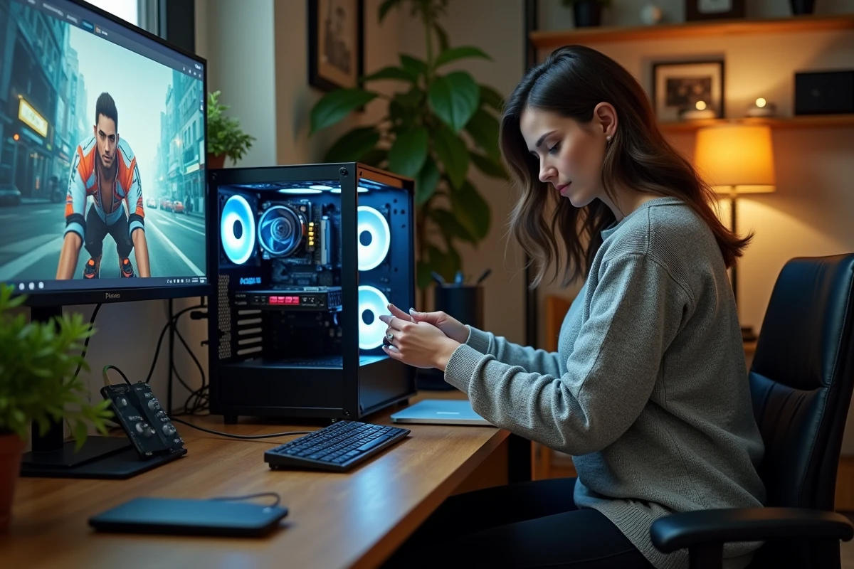 Femme installant une carte graphique dans un PC ouvert