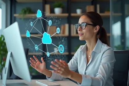 Femme en blouse interactant avec une interface digitale