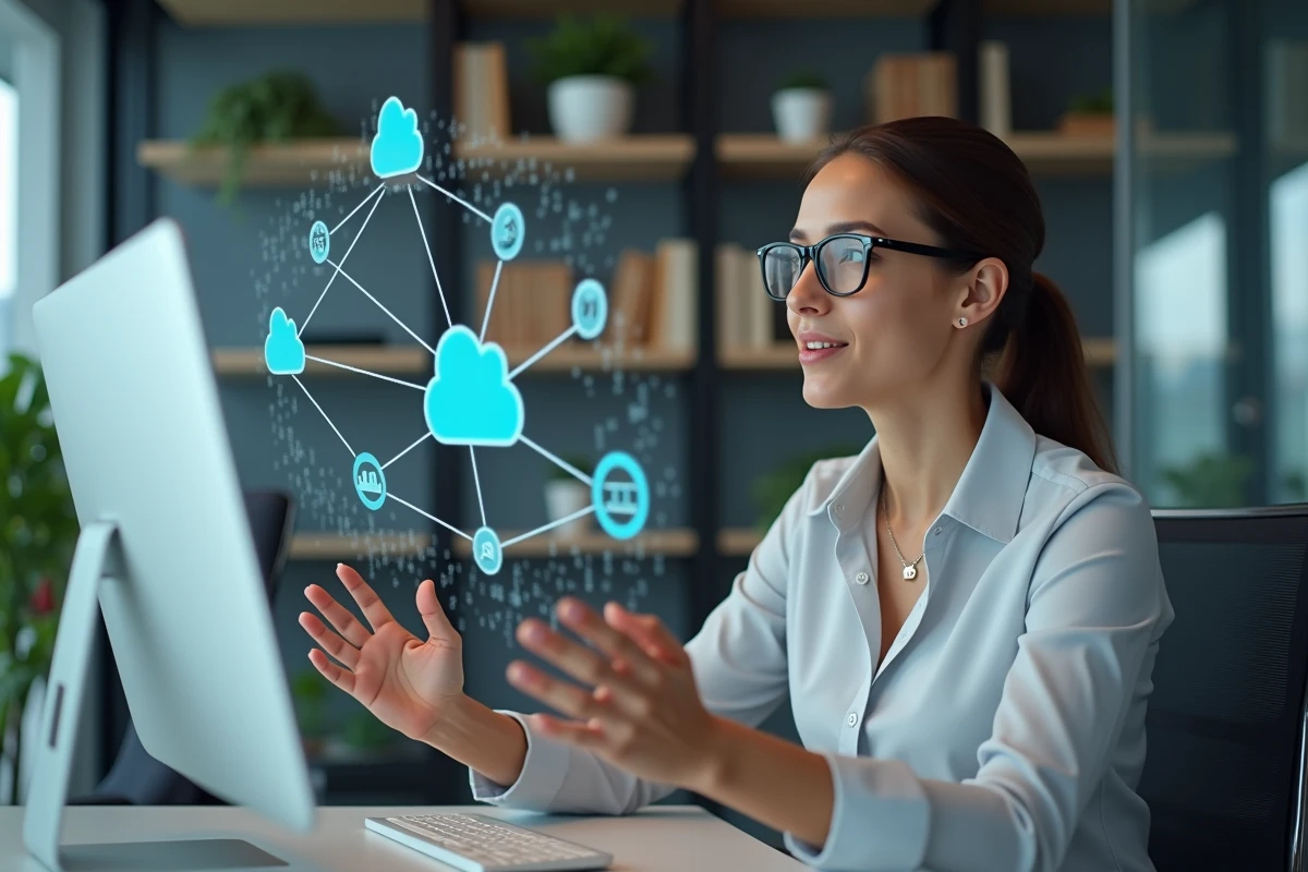 Femme en blouse interactant avec une interface digitale
