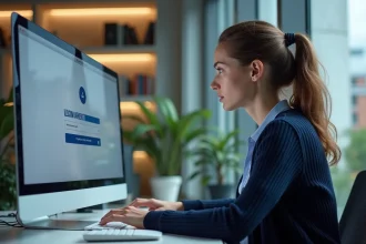 Femme au bureau regardant un écran intranet avec mot de passe