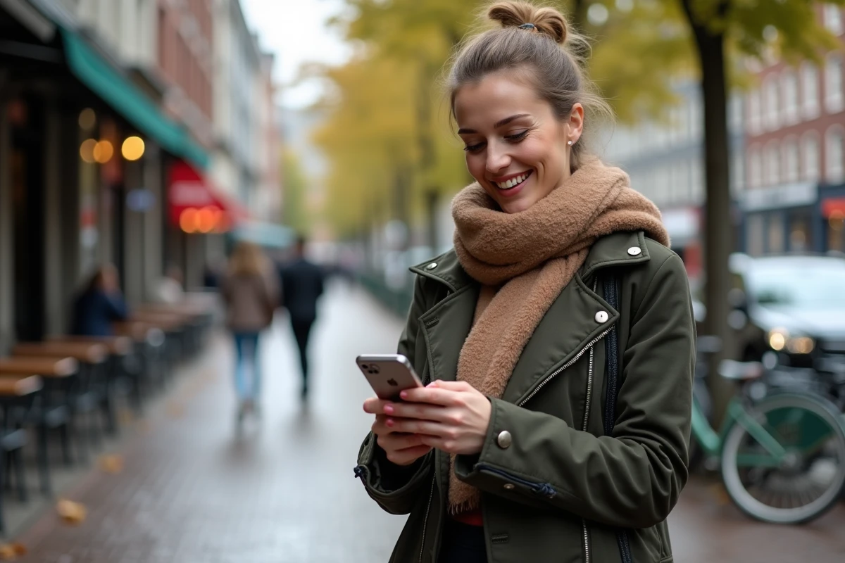 Femme dehors utilisant un iPhone 15 pr&egrave;s d un caf&eacute; urbain