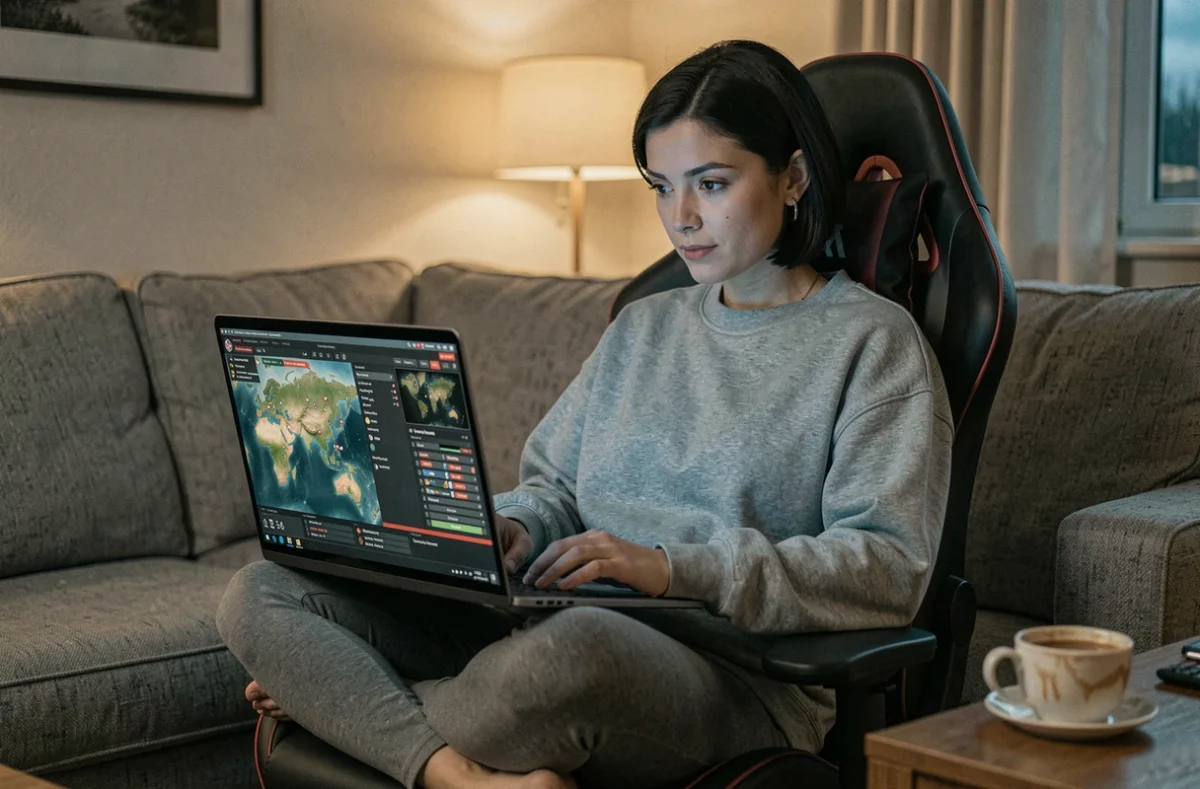 Femme jouant à un jeu de stratégie grand format sur laptop dans un salon cosy et détendu