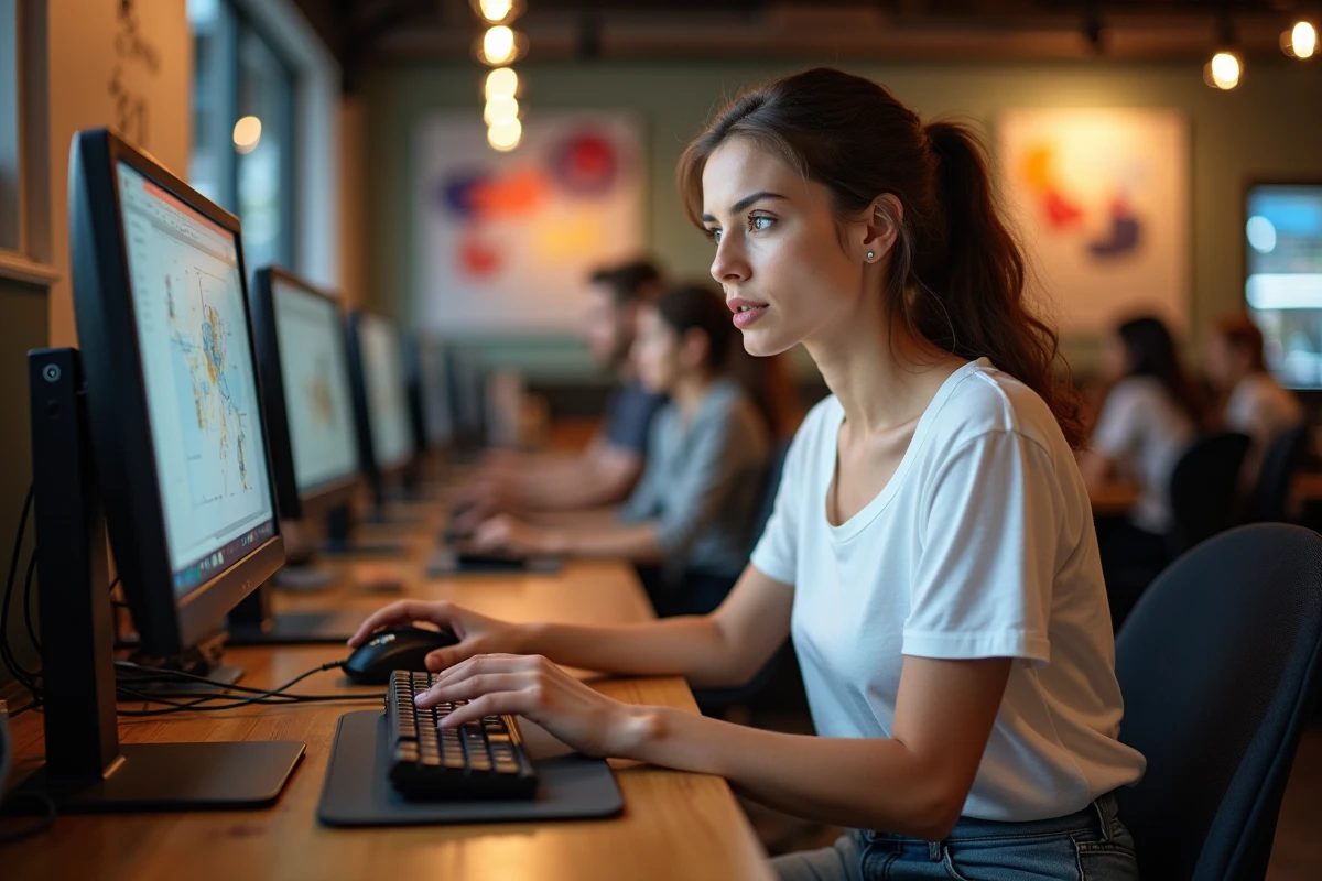 Femme jouant à un jeu vidéo dans un café internet animé