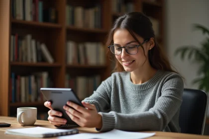 Femme tenant une liseuse Kindle et lisant un livre numérique à son bureau à domicile