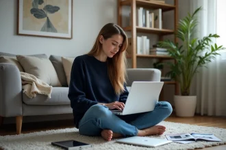 Jeune femme en sweater navy compare options ordinateur