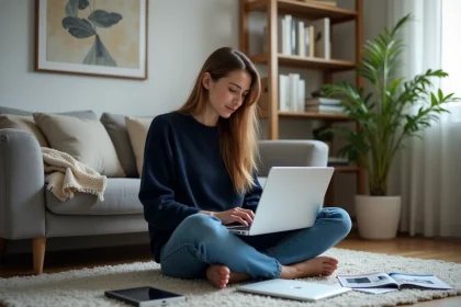 Jeune femme en sweater navy compare options ordinateur