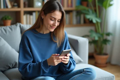Jeune femme en sweater bleu configure son webmail sur un smartphone