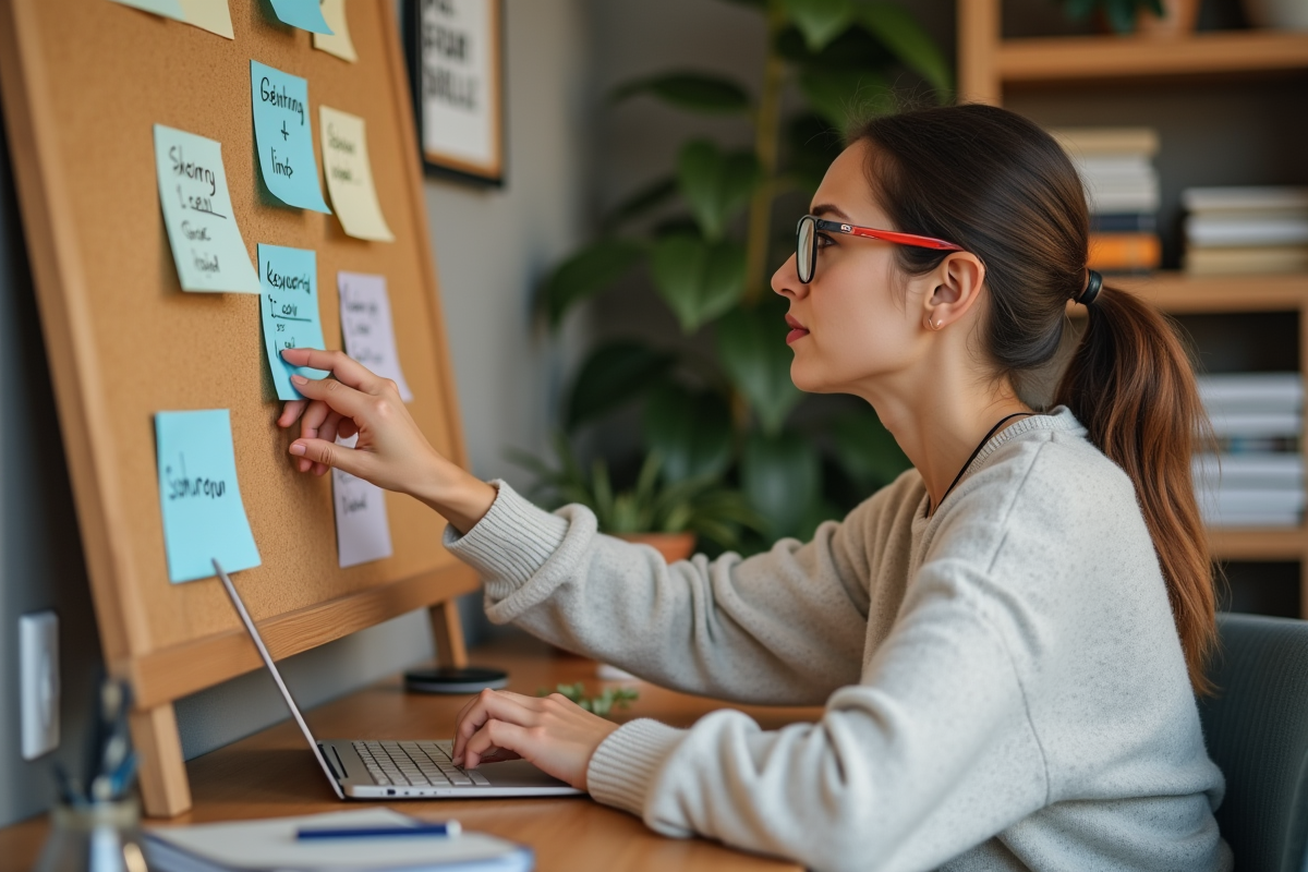 Femme organisée utilisant des notes pour stratégie SEO