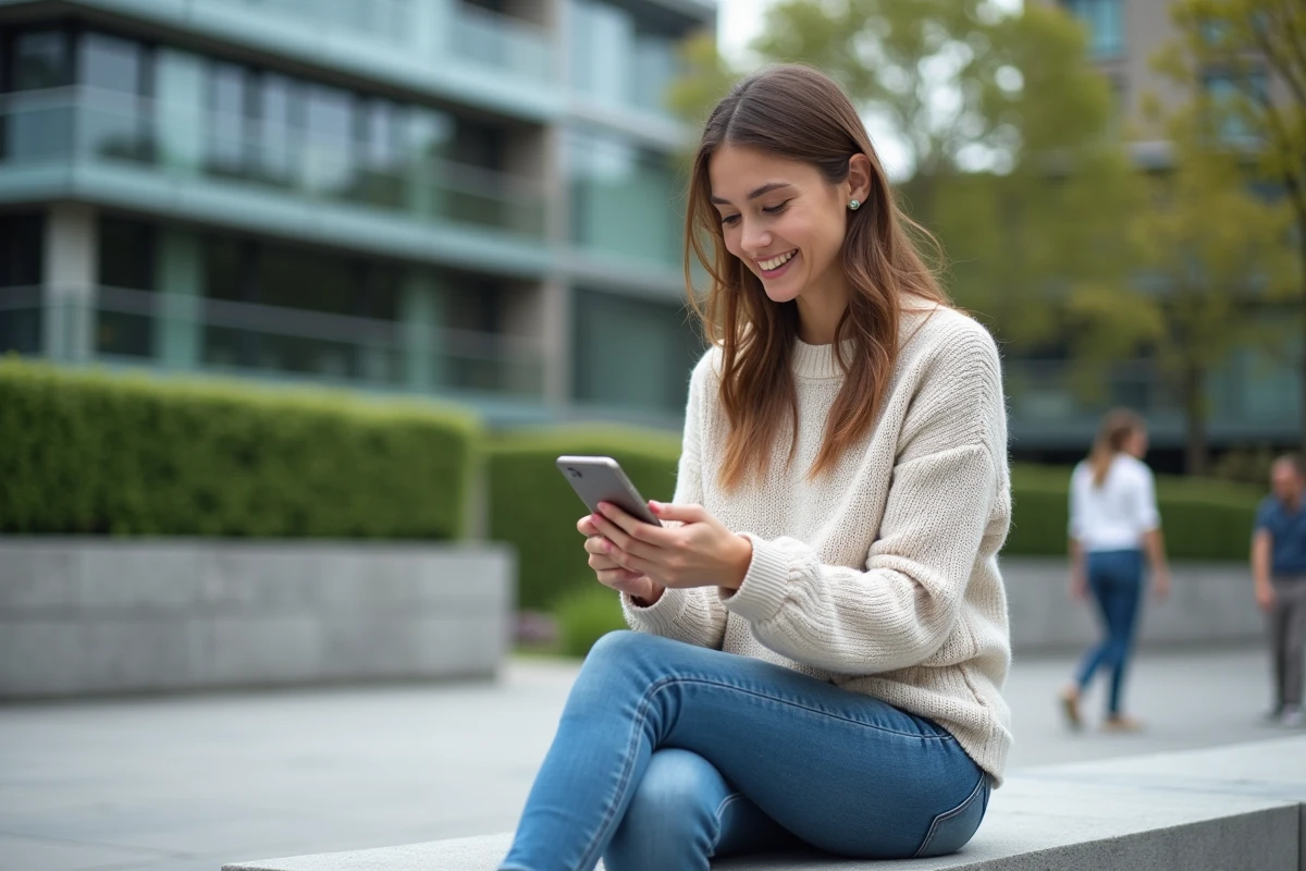 Jeune femme dans un parc urbain utilisant son smartphone