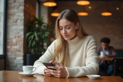 Jeune femme utilisant son smartphone dans un café pour envoyer et partager une photo via une application mobile
