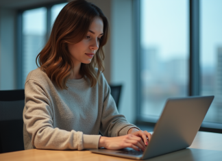 Sauvegarde cloud : les meilleurs emplacements sécurisés pour stocker en ligne Femme professionnelle concentrée sur son ordinateur au bureau