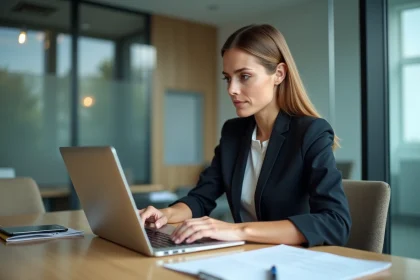 Femme d affaires concentrée sur son ordinateur dans un bureau moderne