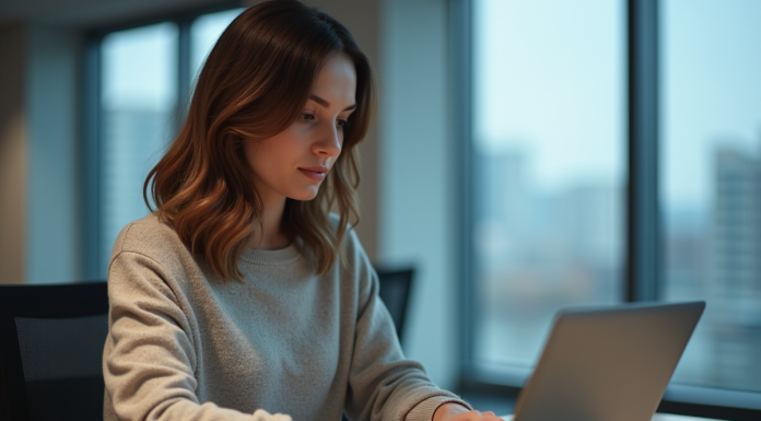Femme professionnelle concentrée sur son ordinateur au bureau
