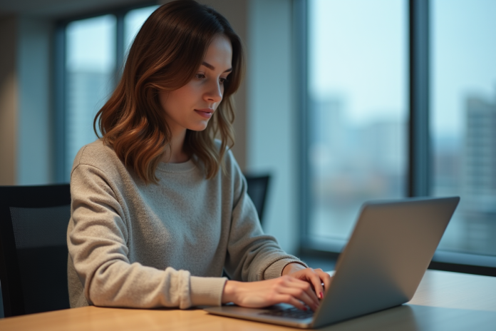 femme-professionnelle-bureau Femme professionnelle concentrée sur son ordinateur au bureau