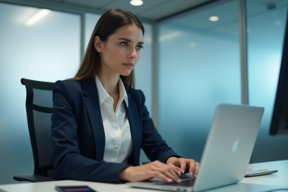 Femme professionnelle en blazer blanc travaillant sur un ordinateur