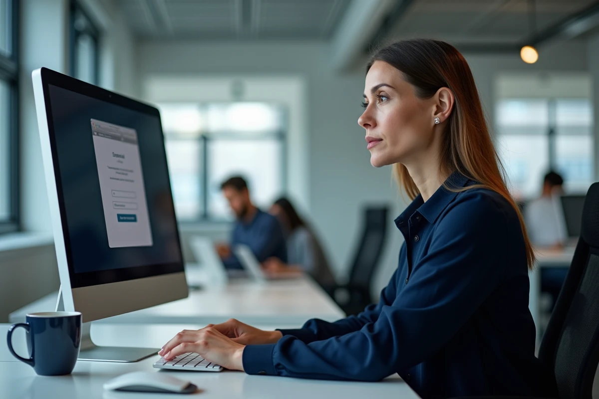 Femme au bureau réinitialisant son mot de passe sur un portail administratif depuis un ordinateur de bureau