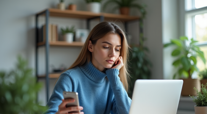 Jeune femme vérifiant un code 2fa sur son smartphone au bureau