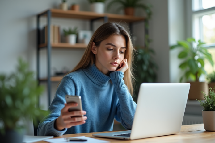 Jeune femme vérifiant un code 2fa sur son smartphone au bureau