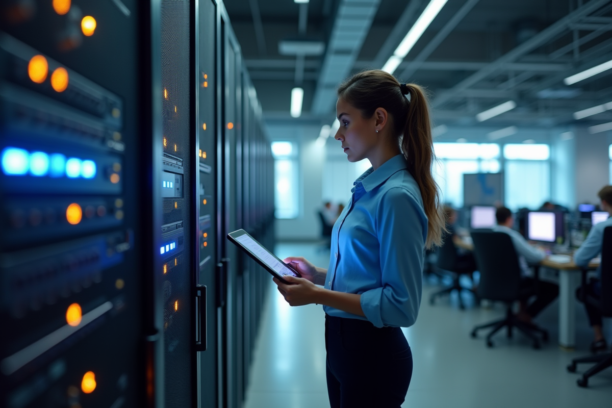 Jeune femme vérifiant un serveur avec un tablette en environnement hightech