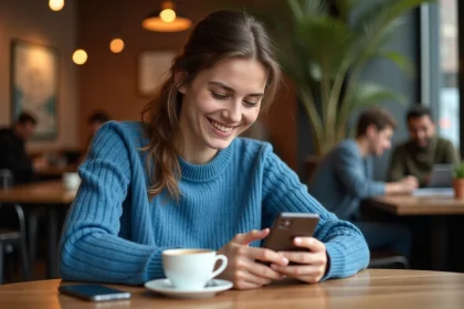 Jeune femme souriante utilisant un smartphone dans un café chaleureux