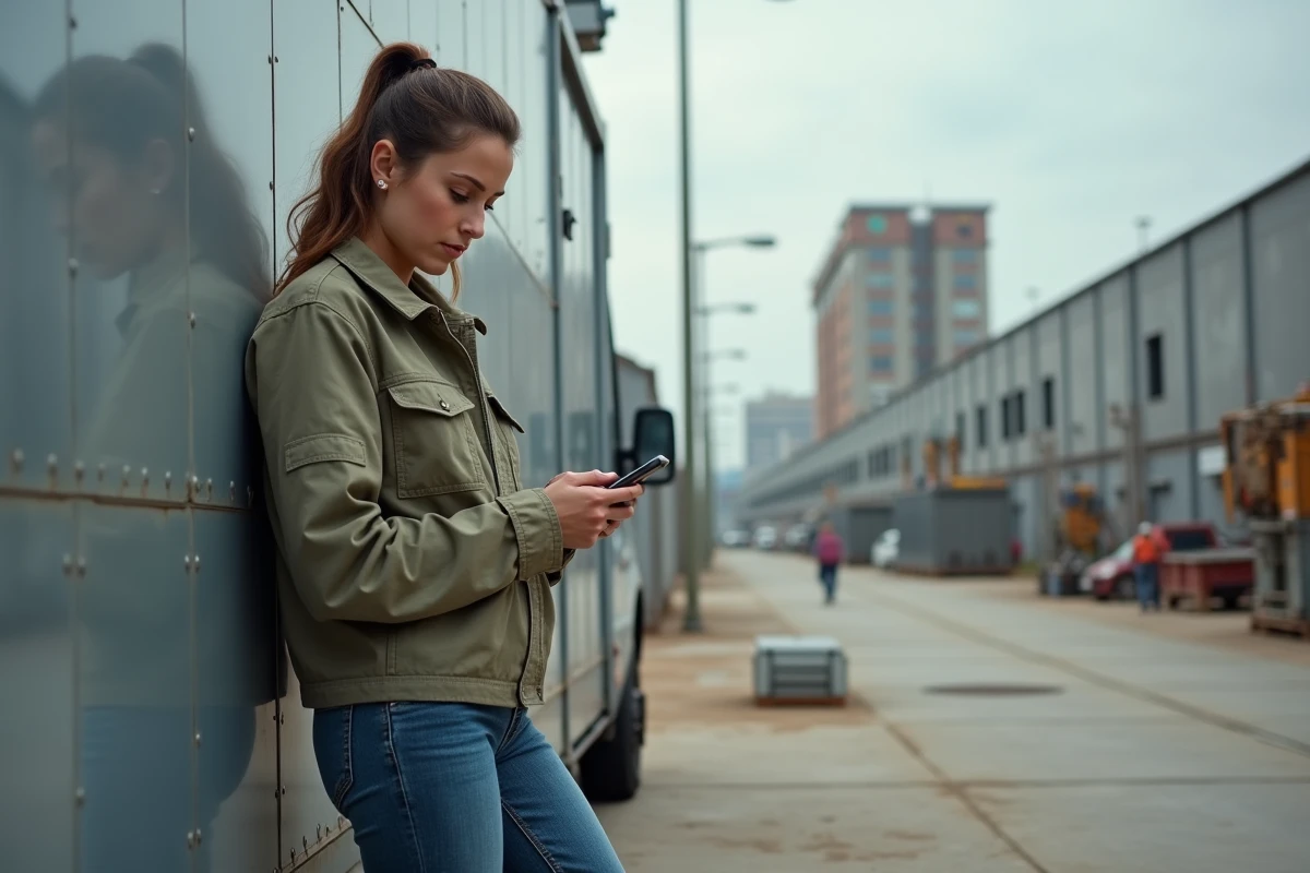 Femme ing&eacute;nieure v&eacute;rifie un t&eacute;l&eacute;phone durable &agrave; l