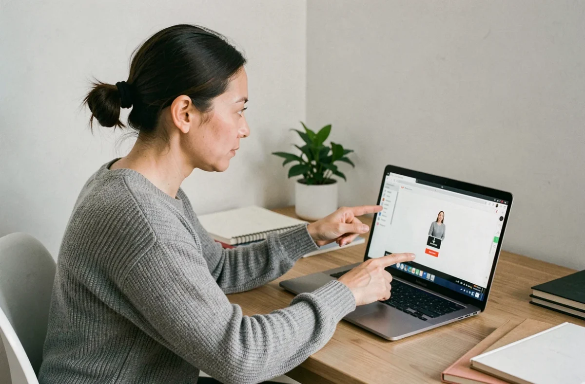 Femme utilisant un outil en ligne pour télécharger une vidéo YouTube sur son ordinateur portable