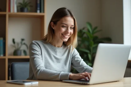Femme utilisant SwissTransfer sur un ordinateur portable dans un bureau à domicile moderne