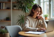 Jeune femme travaillant sur son ordinateur dans un espace lumineux
