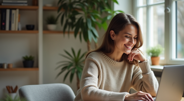Jeune femme travaillant sur son ordinateur dans un espace lumineux